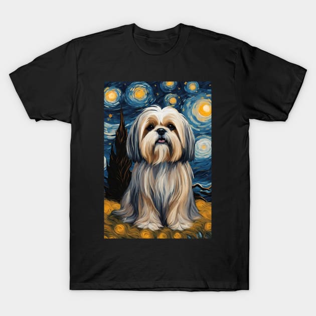 Cute Lhasa Apso Dog Breed Painting in a Van Gogh Starry Night Art Style T-Shirt by Art-Jiyuu